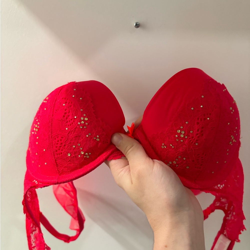 Pink Victoria’s Secret Lace Push-Up Bra with Rhinestone Accents
